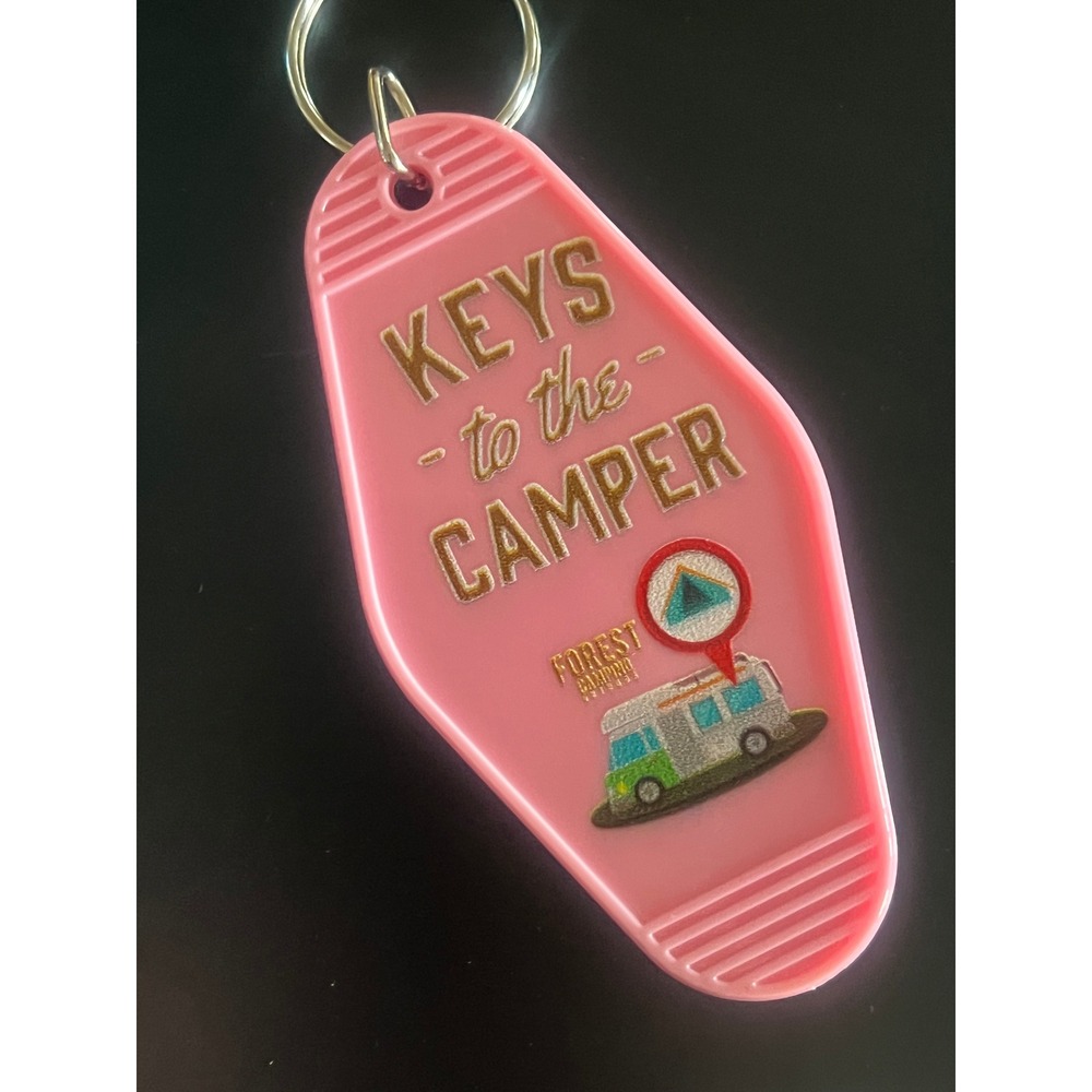 Forest Camping Pink Retro Motel Keychain Keys to the Camper RV Travel Kitsch